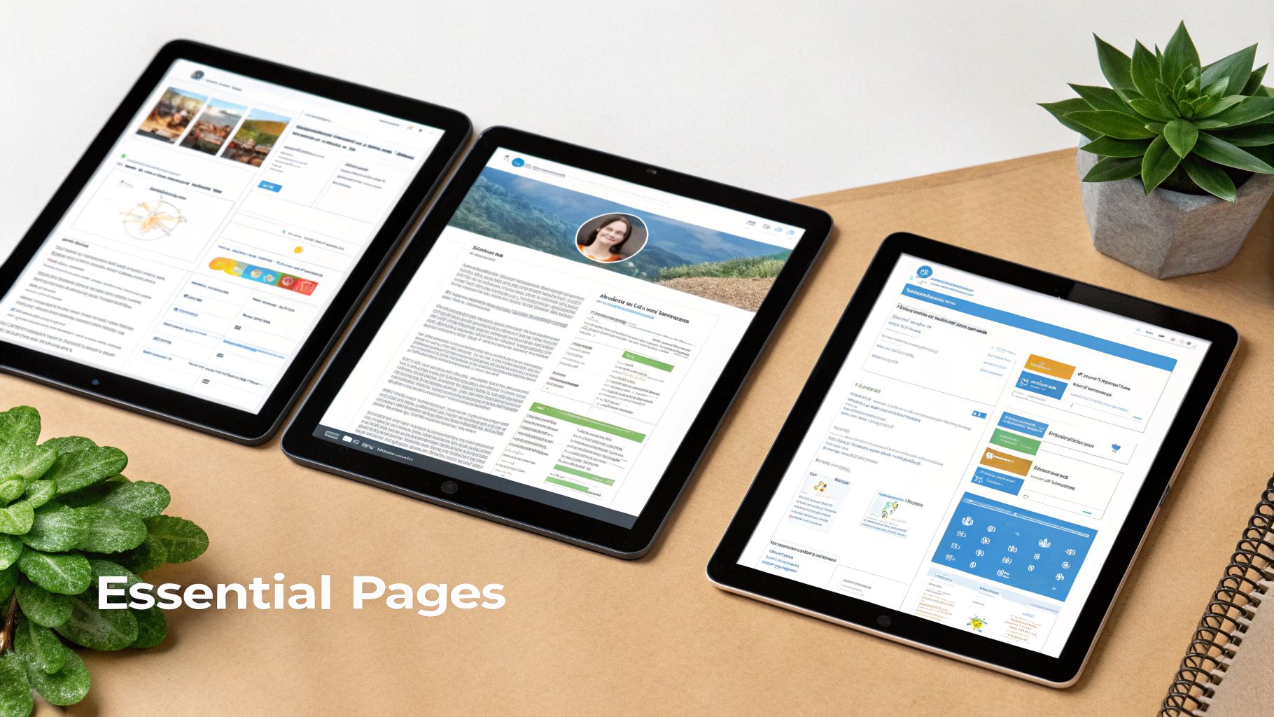 Three tablets display essential business pages with charts, user profiles, and productivity elements on a desk.