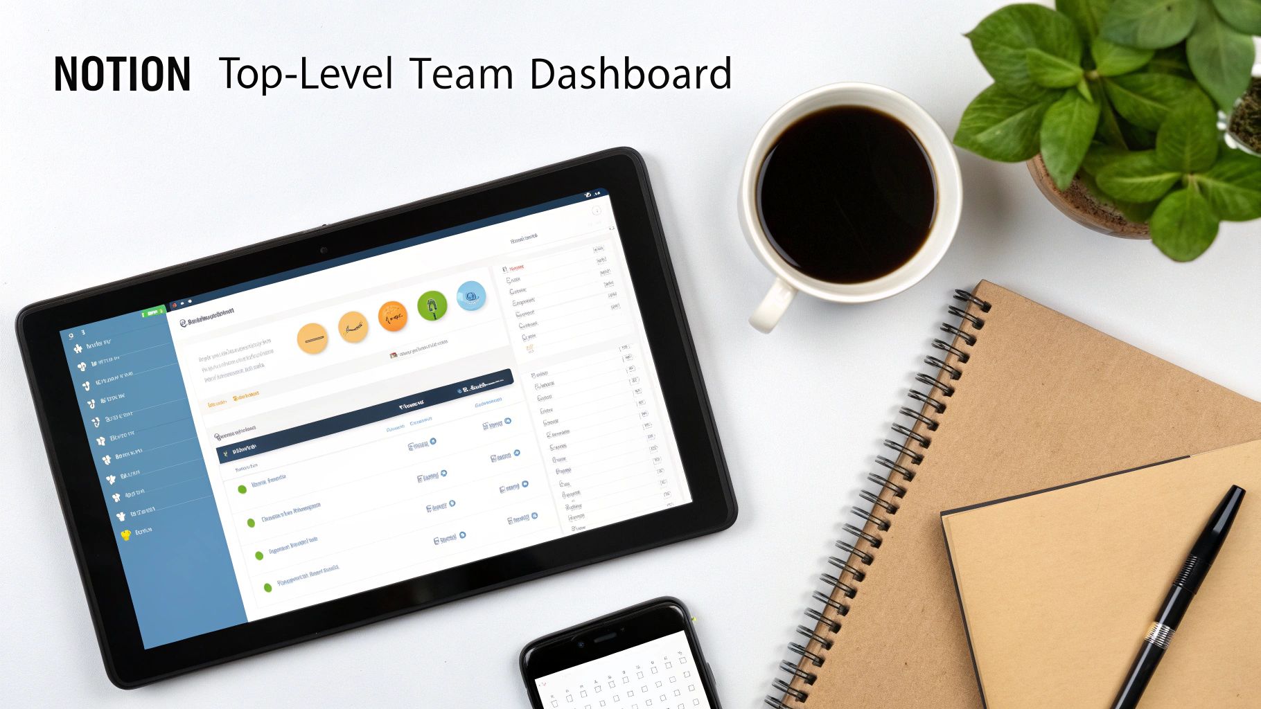 Top-down view of a Notion team dashboard on a tablet, with coffee, a plant, and notebooks.