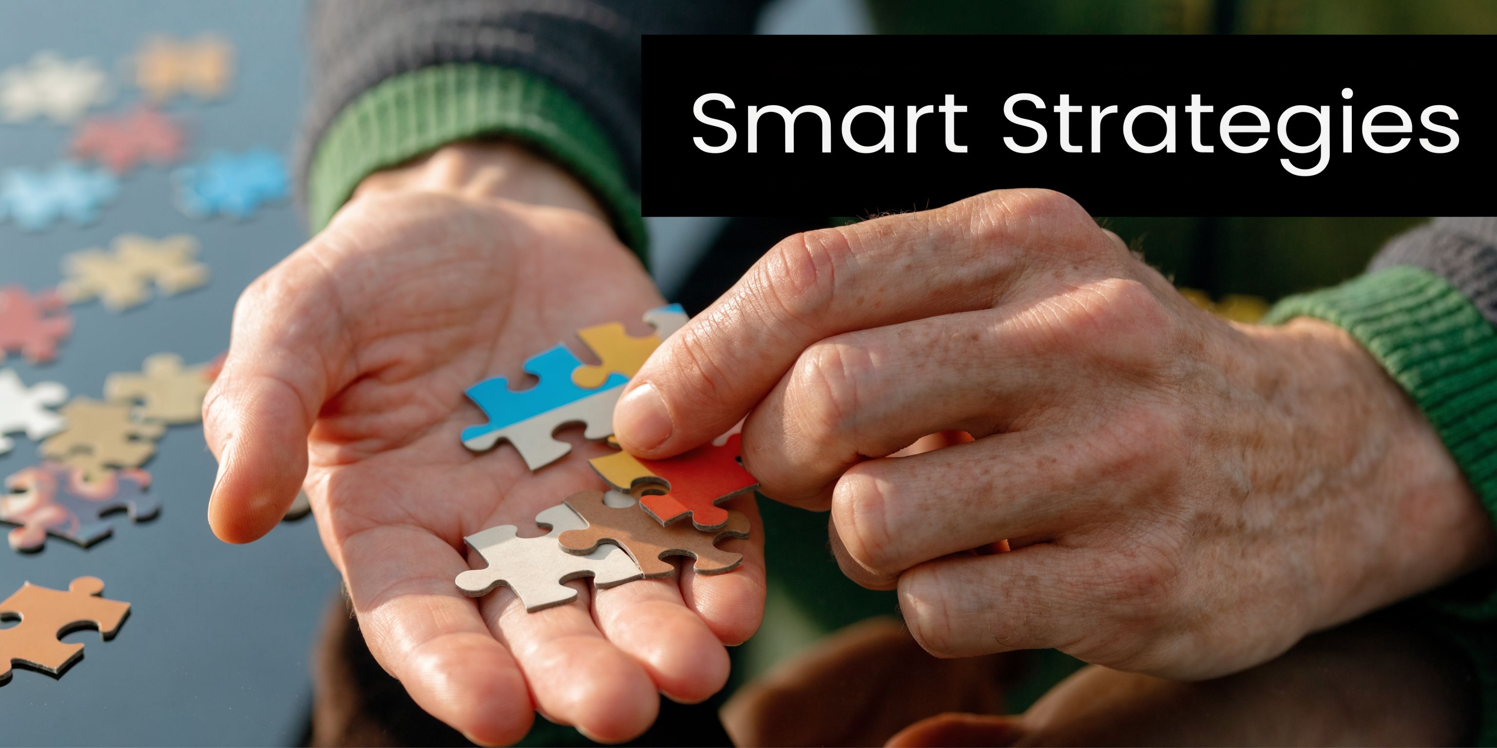 An elderly person holding colorful jigsaw puzzle pieces in their palms, representing problem-solving and smart strategies.