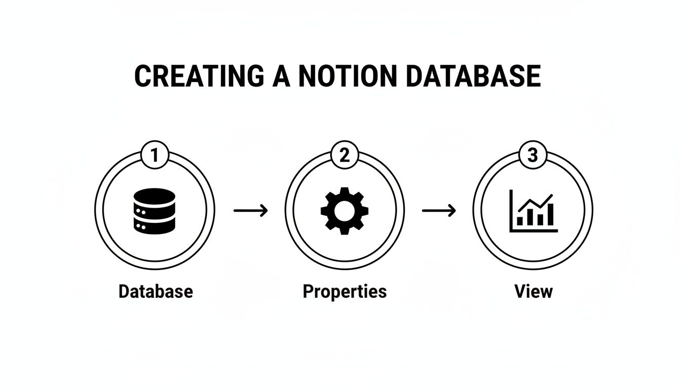 A three-step diagram illustrates creating a Notion database: Database, Properties, and View.