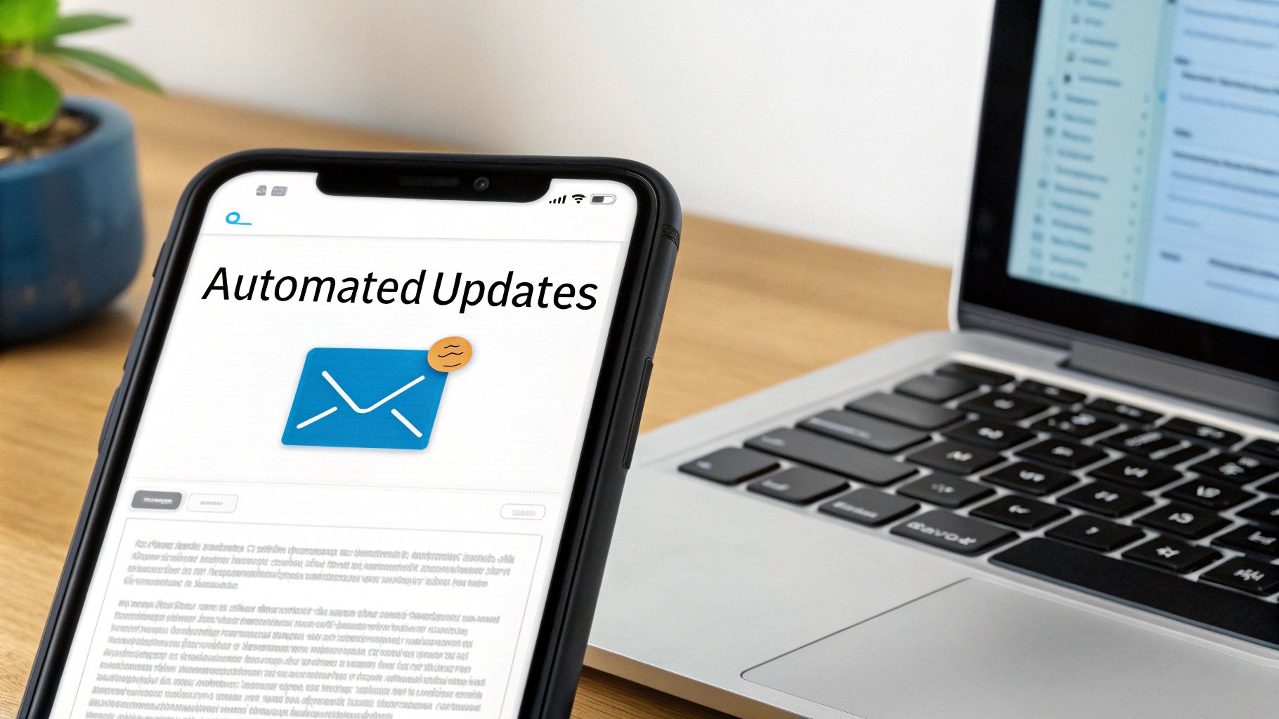 A smartphone displaying 'Automated Updates' with an email icon next to a laptop.