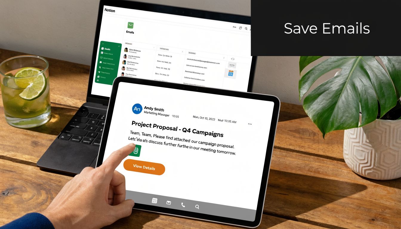 A hand using a tablet to display an email about campaign proposals, with a Notion dashboard behind.