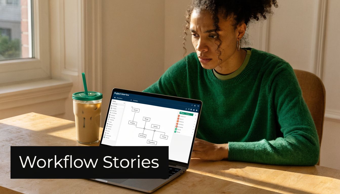 A woman working on a laptop with a workflow diagram displayed on her screen at home.