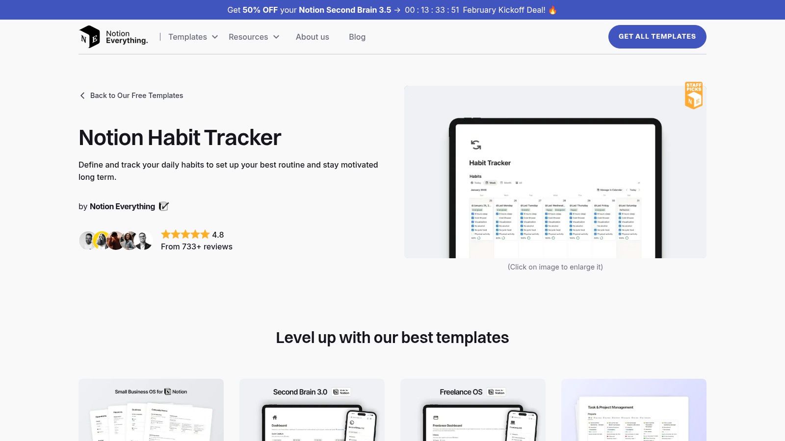 A clean and functional habit tracker template from Notion Everything, showing daily checkboxes and a monthly progress view.