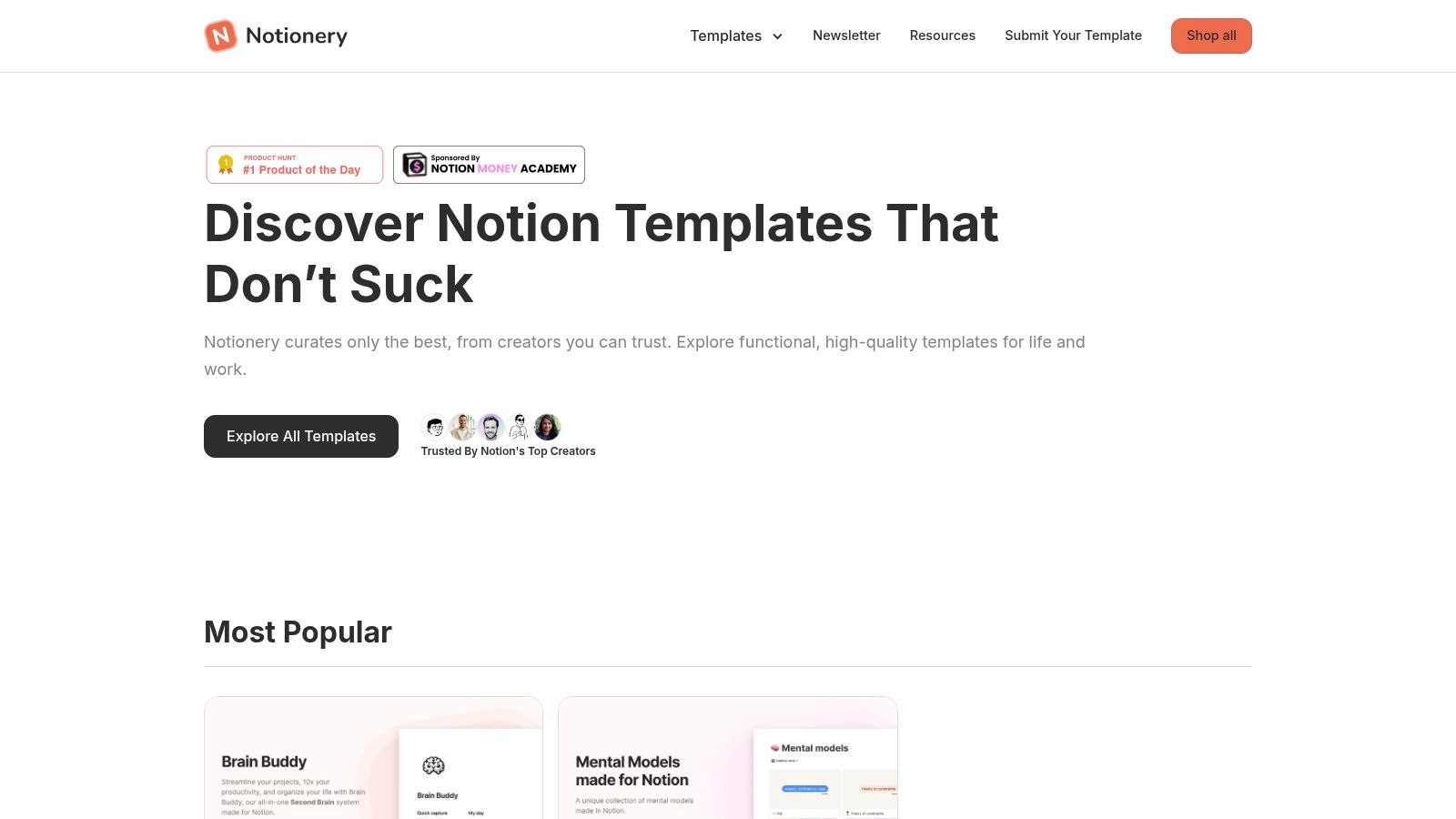 Notionery's website showcasing a curated list of Notion templates, highlighting a habit tracker within a larger productivity system.