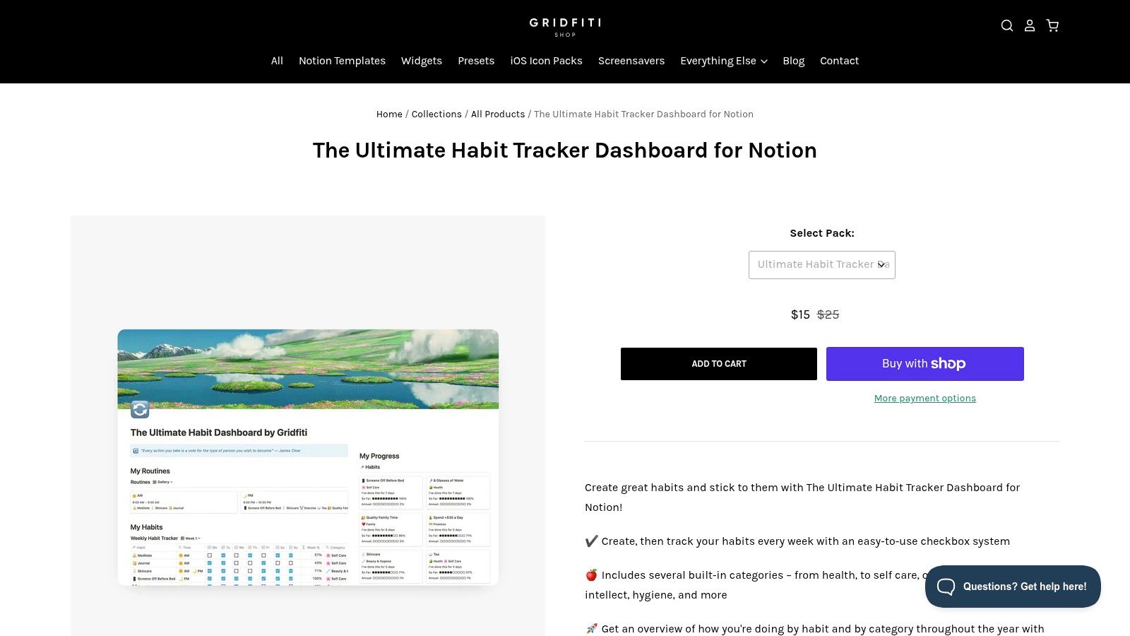 A screenshot of the visually appealing and well-organized Ultimate Habit Tracker Dashboard from Gridfiti, showing weekly progress and categorized habits.
