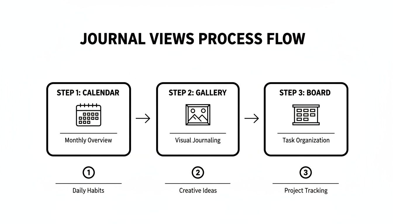 Flowchart showing three journal views: Calendar, Gallery, and Board, for organization and tracking.