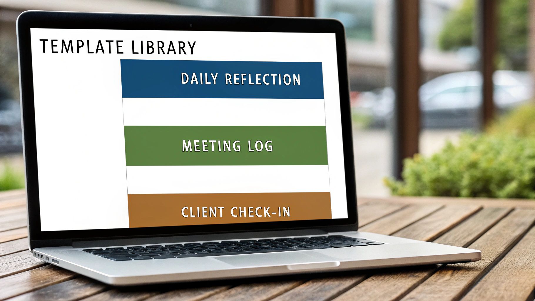 A laptop screen displaying a 'Template Library' with 'Daily Reflection', 'Meeting Log', and 'Client Check-in' templates.