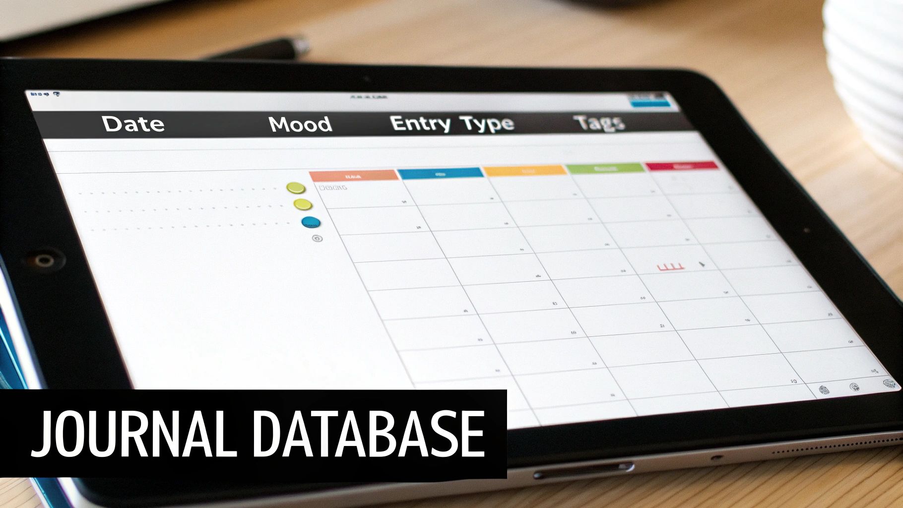 A tablet displays a digital journal database with columns for date, mood, entry type, and tags.