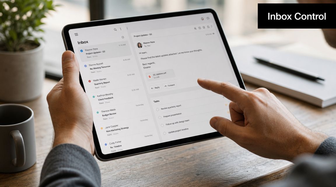 A person using an email application on a tablet to manage inbox messages and tasks.