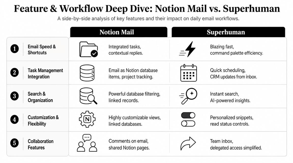 A comparison chart highlighting the key features and workflow differences between Notion Mail and Superhuman email tools.