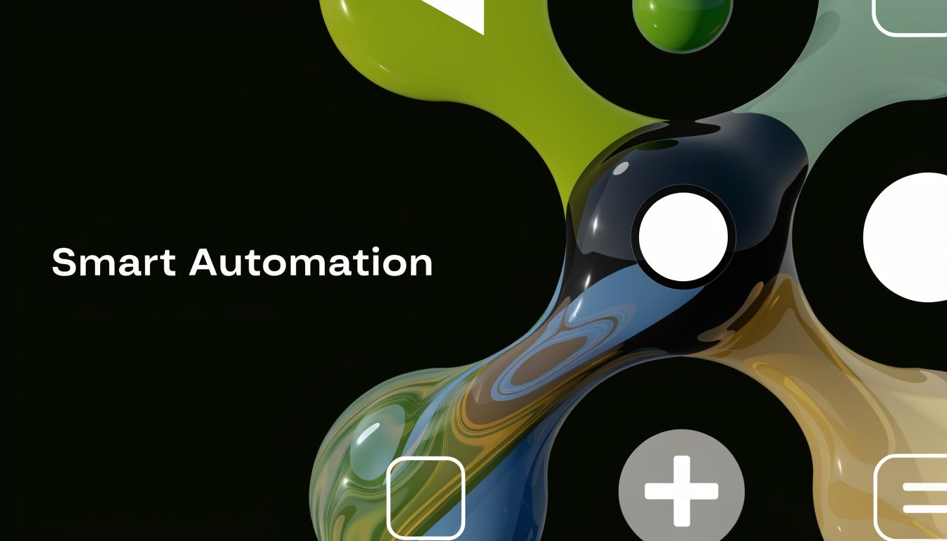 A modern 3D abstract fluid shape interface with a Smart Automation text overlay on black background.