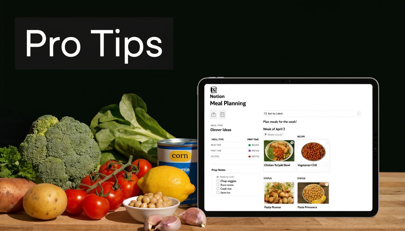 An iPad displaying a Notion meal planning app next to fresh vegetables on a wooden table.