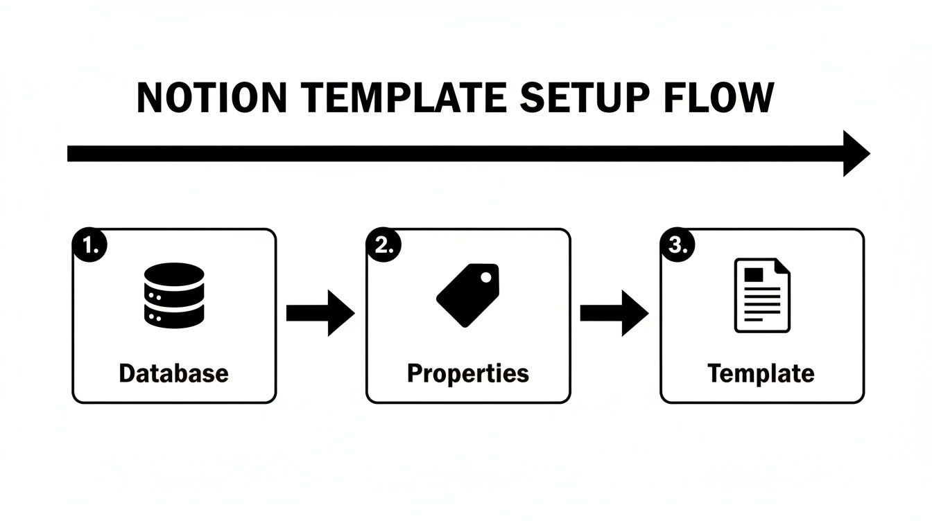 A flowchart illustrating the Notion template setup flow: Database, Properties, and Template.