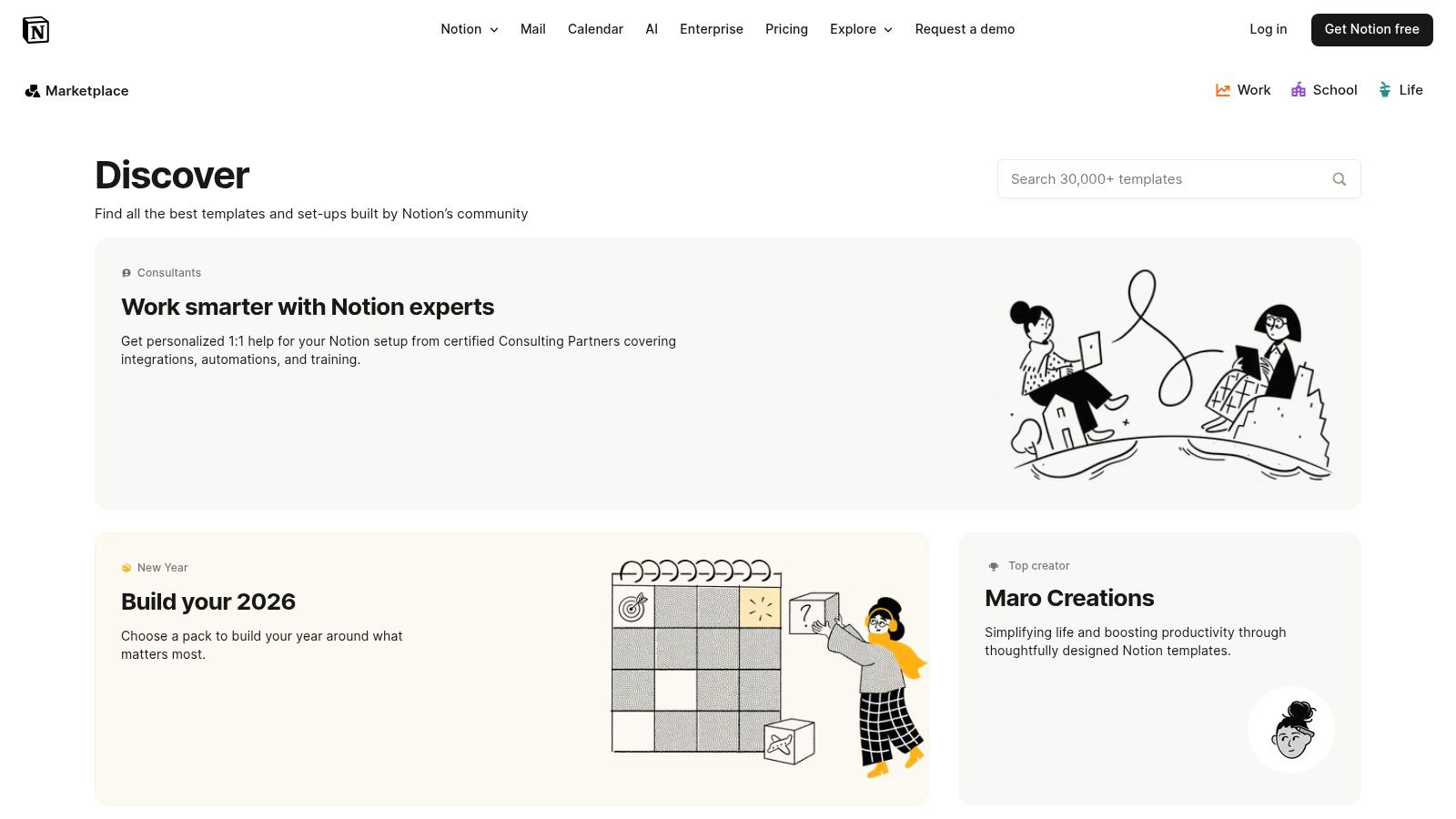 Notion Template Gallery official website screenshot showing various templates