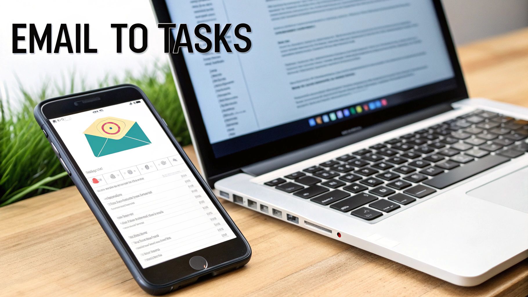 A visual workflow showing an email being sent and automatically appearing as a task in a Notion project management template.