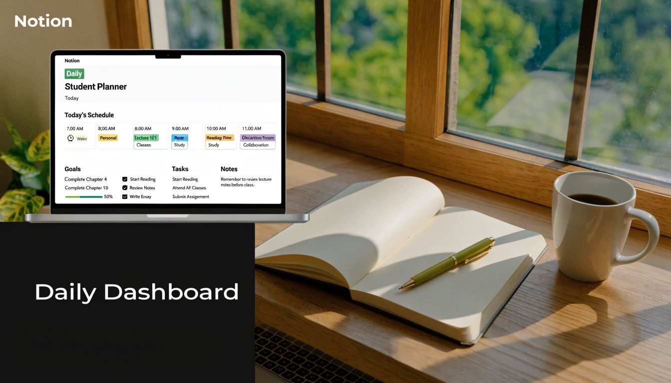 A laptop showing a Notion student planner dashboard on a wooden desk next to a notebook and coffee.