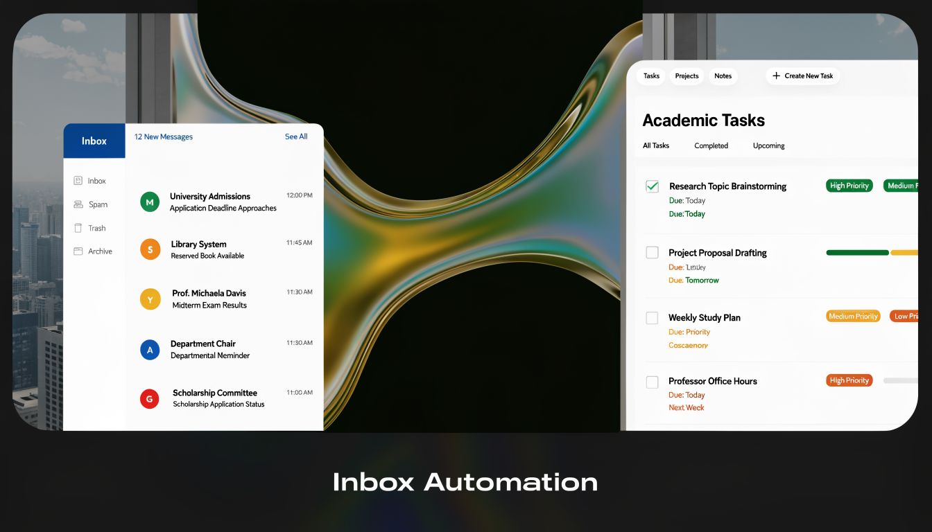 A digital student planning interface featuring an email inbox alongside an organized academic task management dashboard.