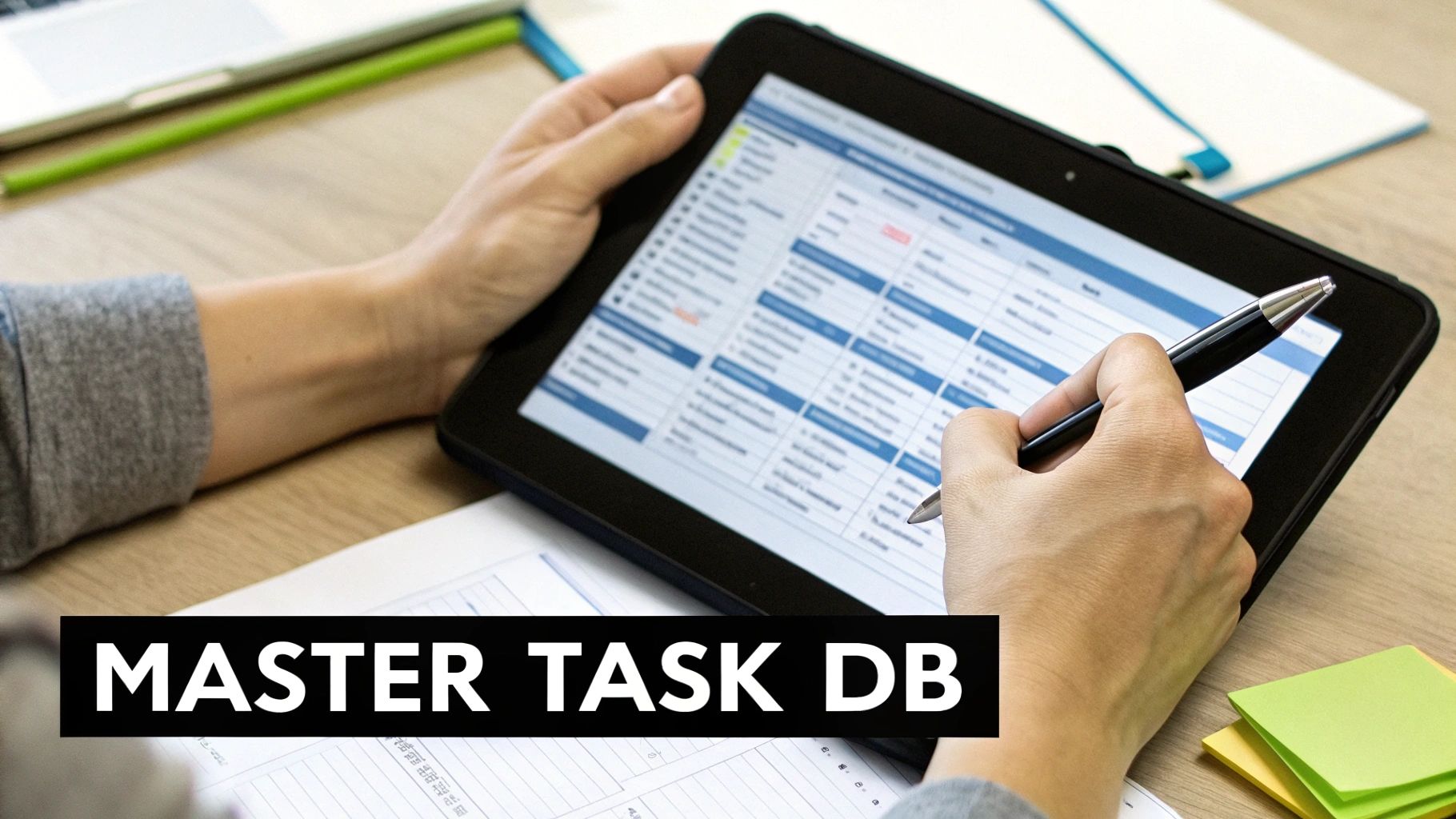 Close-up of hands interacting with a tablet displaying a task management spreadsheet, holding a pen.