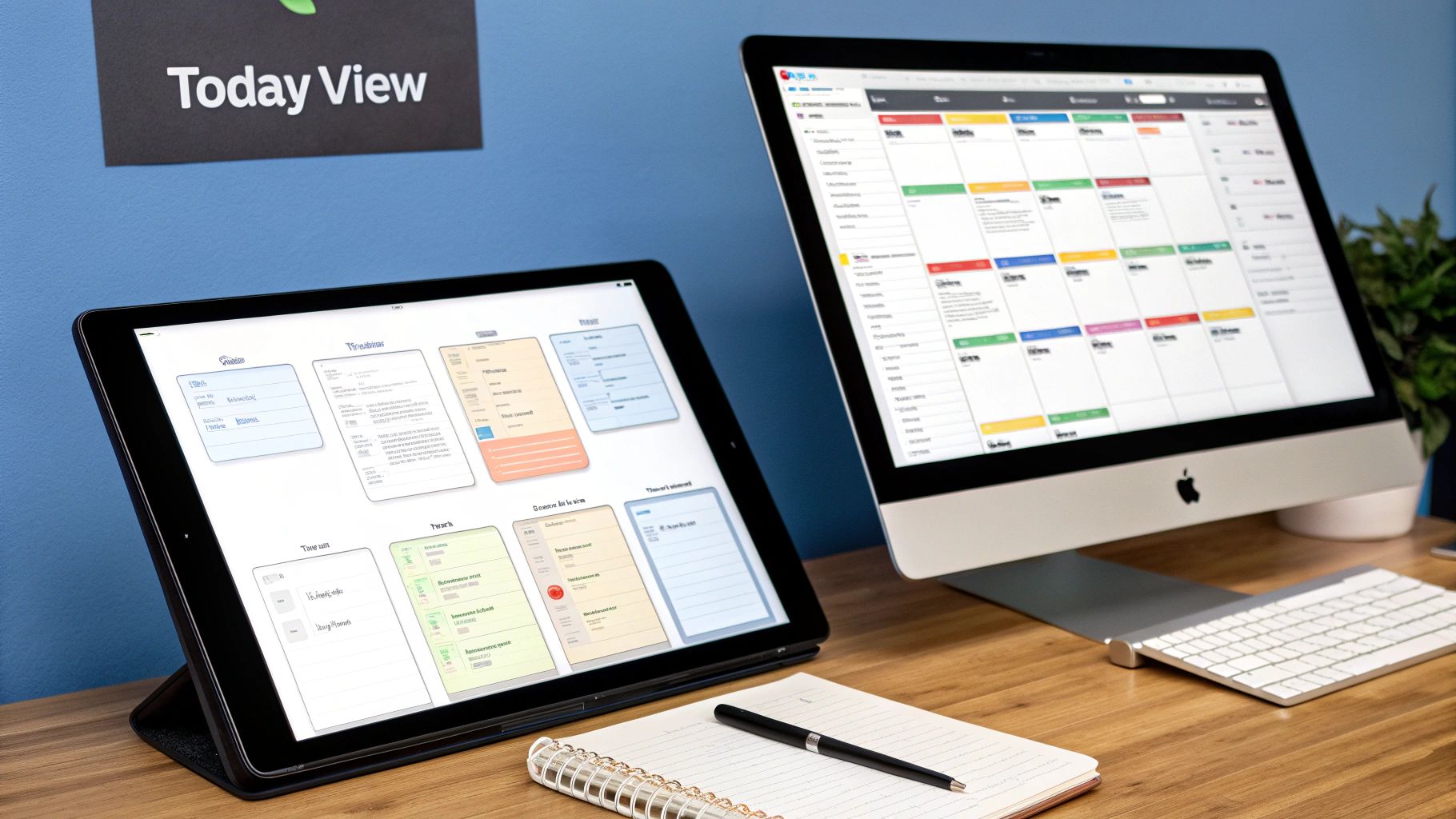A desk with an iPad and iMac showing task manager apps, a notebook, and a 'Today View' sign.
