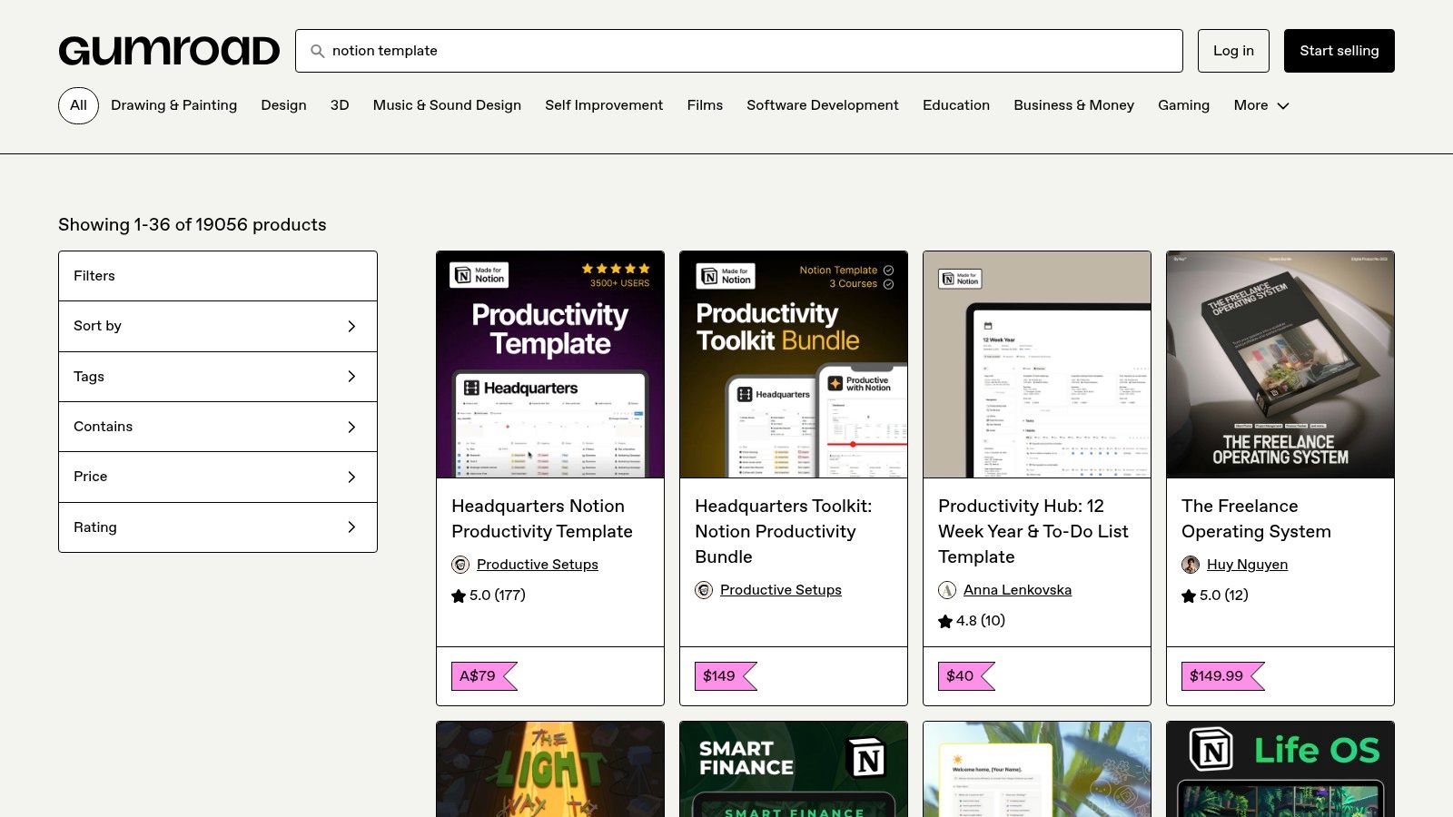 Gumroad (Discover: “Notion template”)