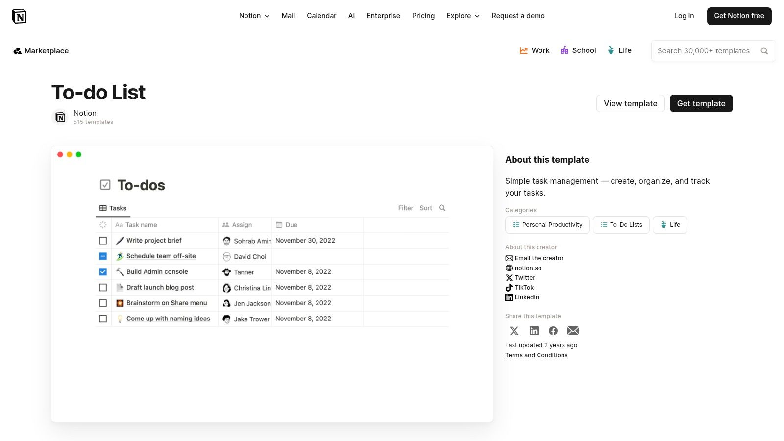 Notion (Official Template Marketplace) - To‑Do List