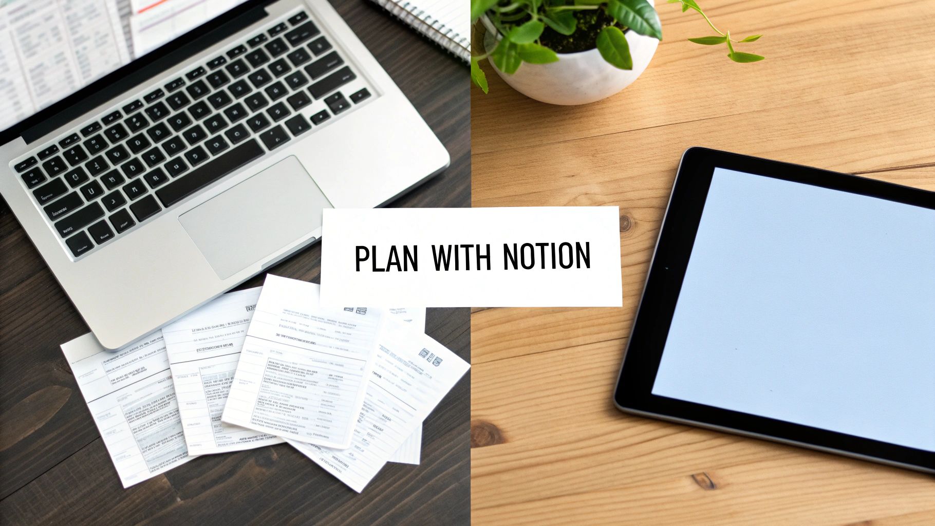 A split image of a modern workspace with a laptop, documents, a tablet, a plant, and 'PLAN WITH NOTION' text.