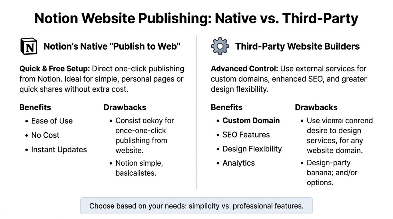 A comparison chart outlining the pros and cons of using Notion native publishing versus third-party website builders.
