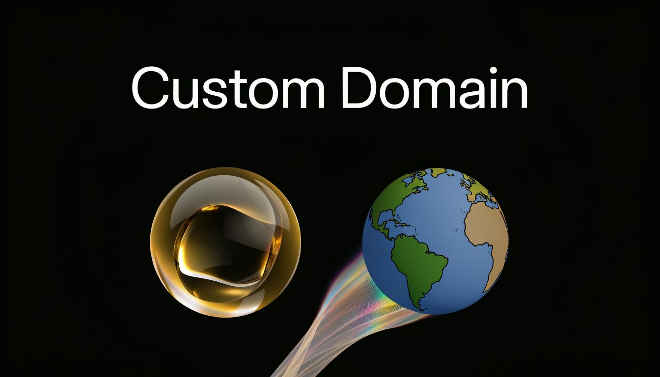 An abstract graphic featuring a glowing golden orb connected to a stylized globe representing custom domains.