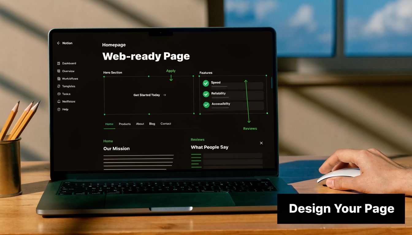 A laptop screen displaying a website design interface using a Notion-style layout for building web pages.