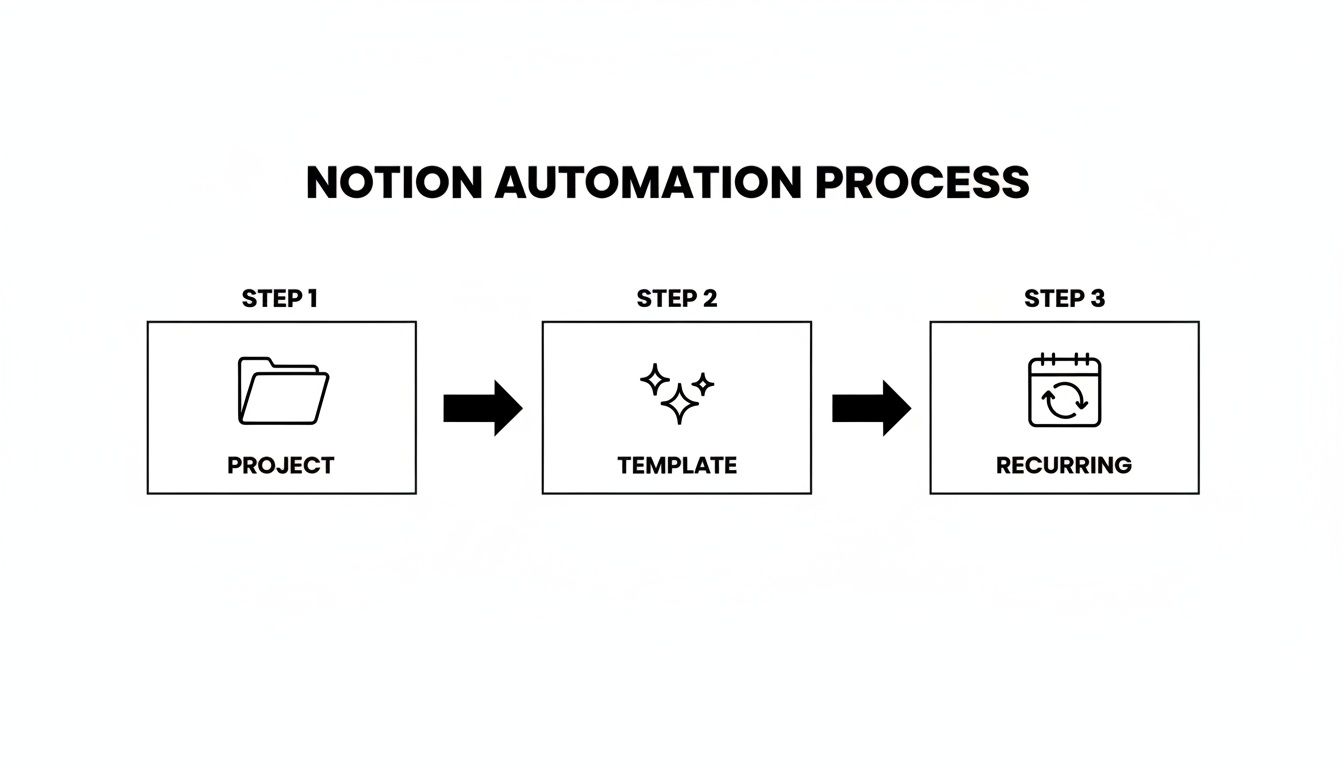 A diagram illustrating the Notion automation process with three steps: Project, Template, and Recurring.