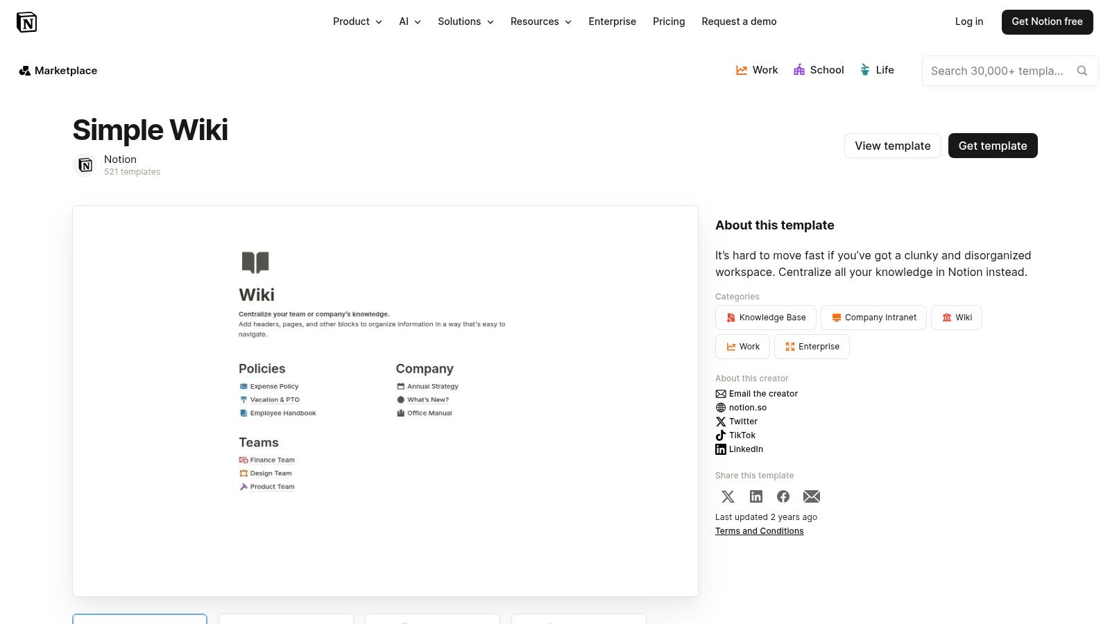 Simple Wiki (official Notion template)