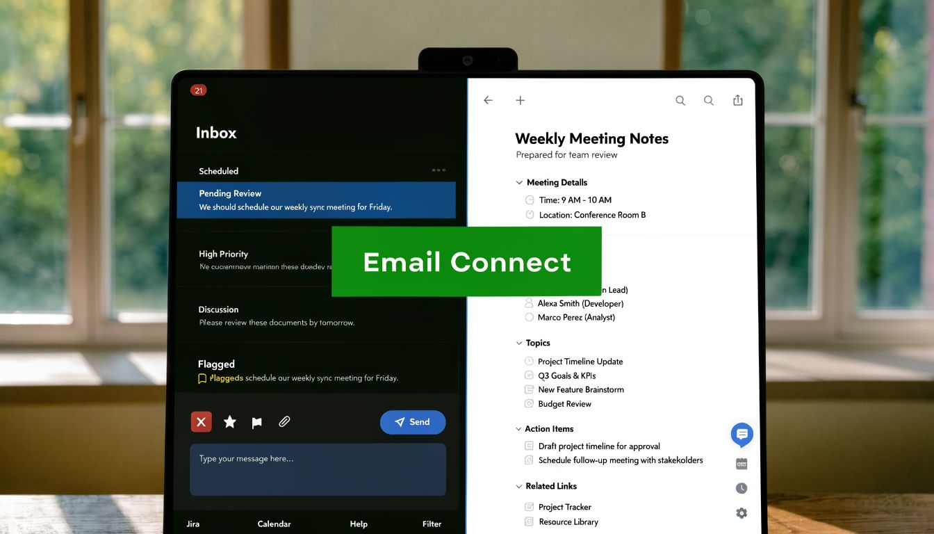 A dual-pane productivity interface on a screen showing email inbox management and structured weekly meeting notes.