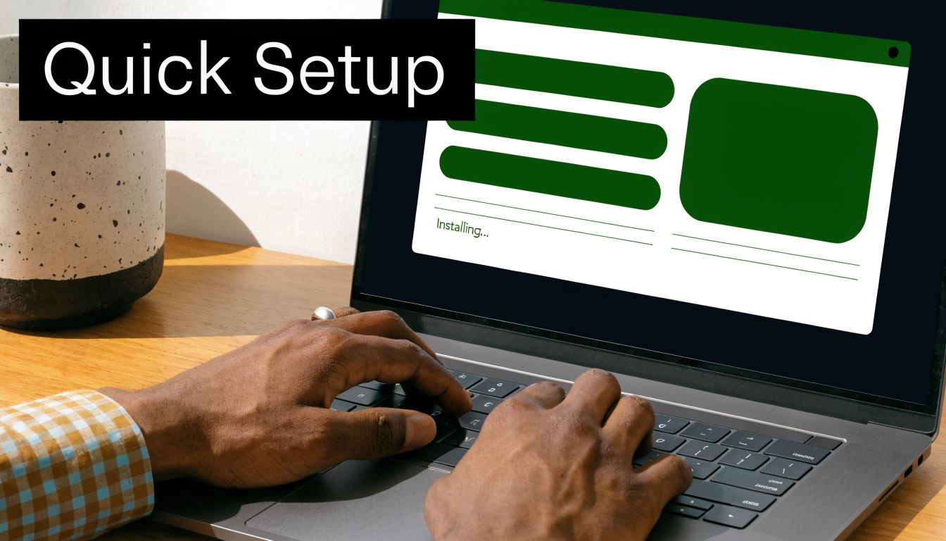 A person using a laptop on a wooden desk with a green Quick Setup interface displayed on screen.