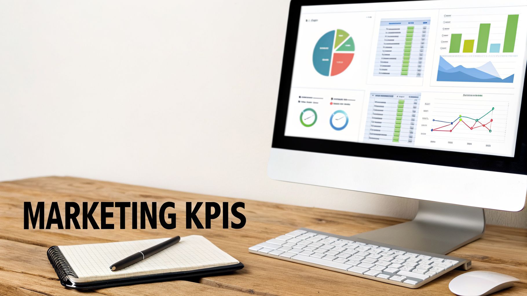 Marketing KPIs dashboard on a computer screen with a notebook and pen on a wooden desk.
