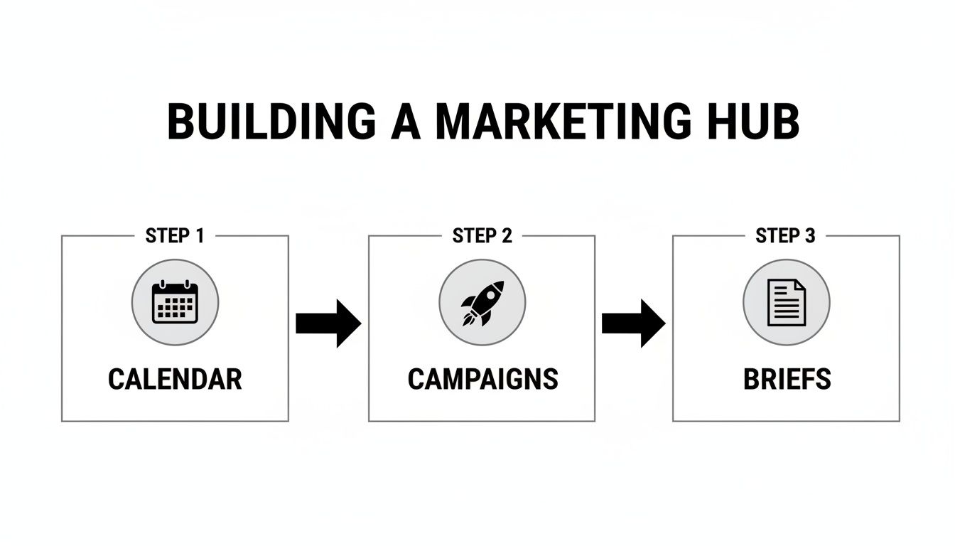 A flowchart illustrating three steps for building a marketing hub: Calendar, Campaigns, and Briefs.