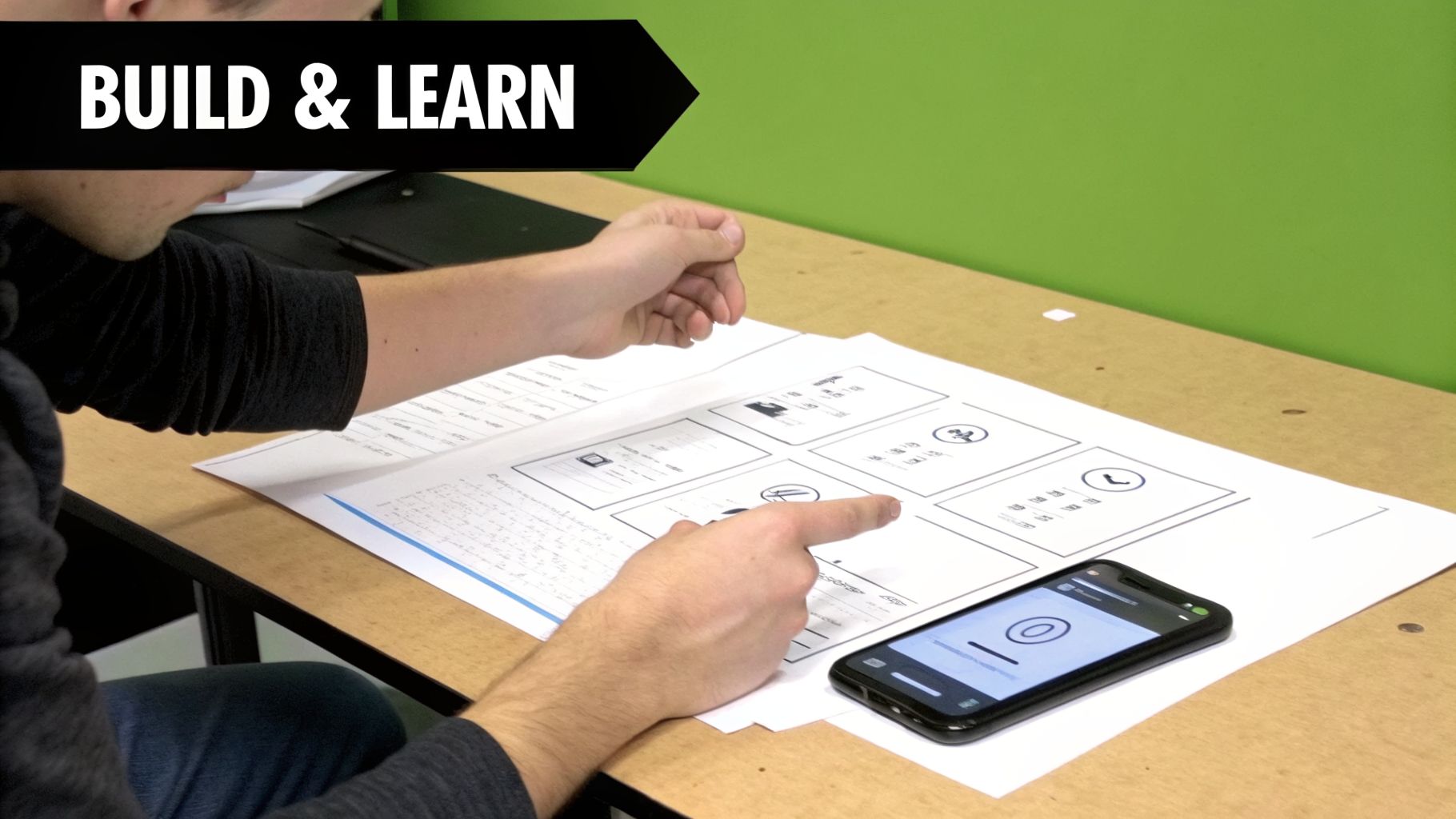 Close-up of a person's hands analyzing design mockups on paper and a smartphone during a build and learn session.
