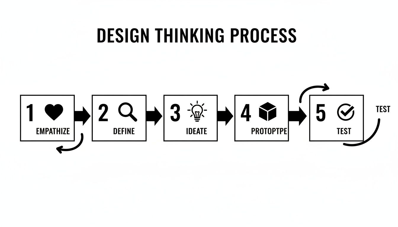Flowchart illustrating the 5-step Design Thinking Process: Empathize, Define, Ideate, Prototype, and Test.
