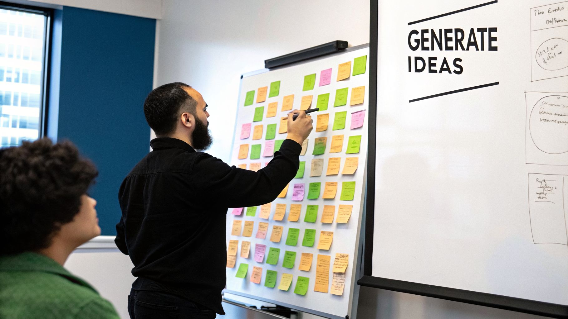 Two people collaborating in an office, brainstorming ideas on a whiteboard filled with sticky notes.
