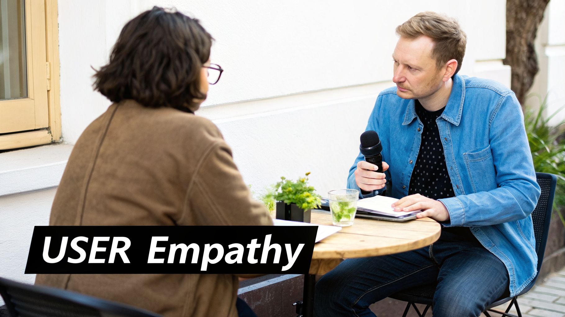 A man holding a microphone interviews another person at an outdoor cafe table, with "USER Empathy" text.