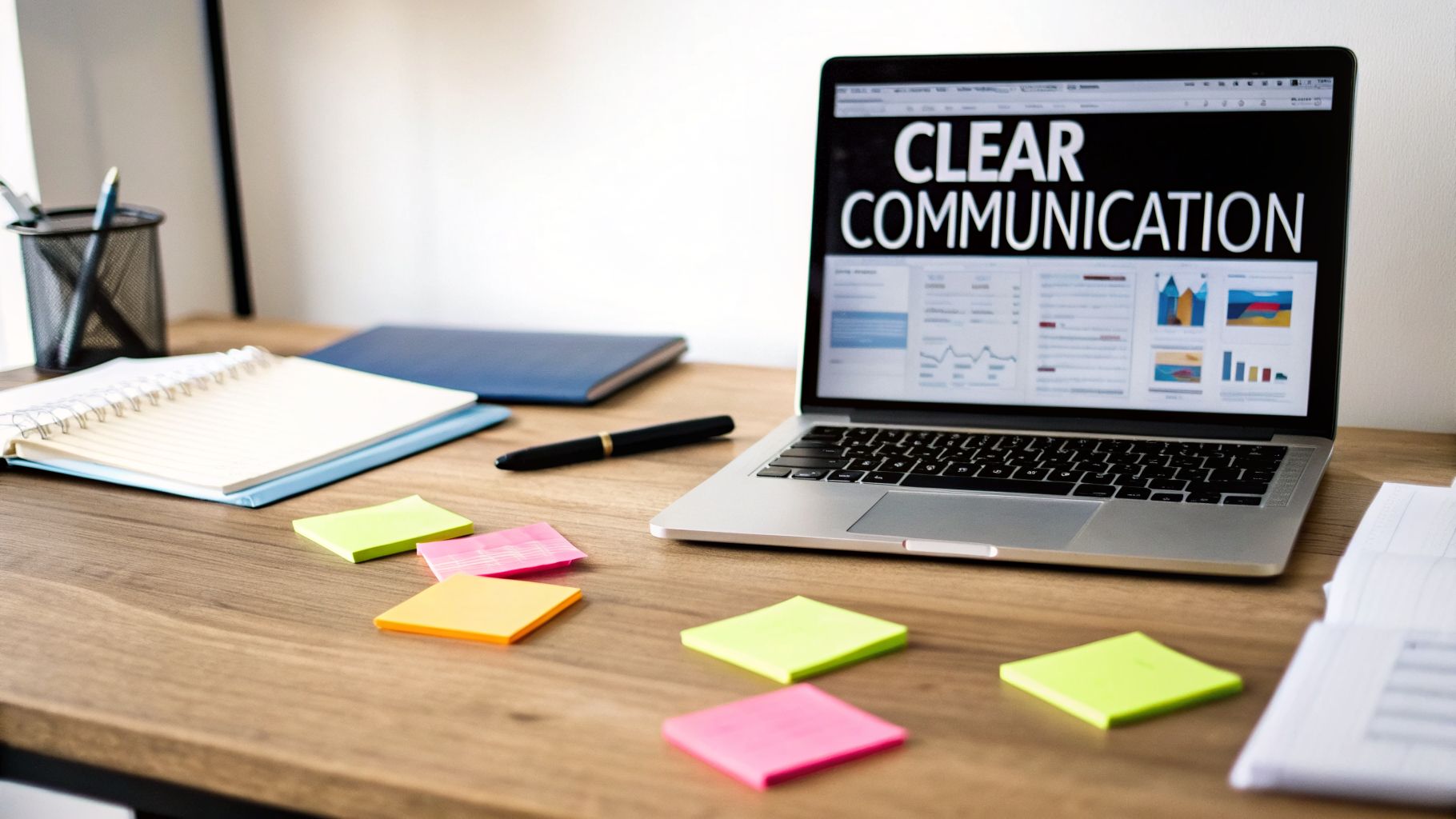 A desk setup with a laptop displaying 'CLEAR COMMUNICATION' and data charts, alongside notebooks and sticky notes.