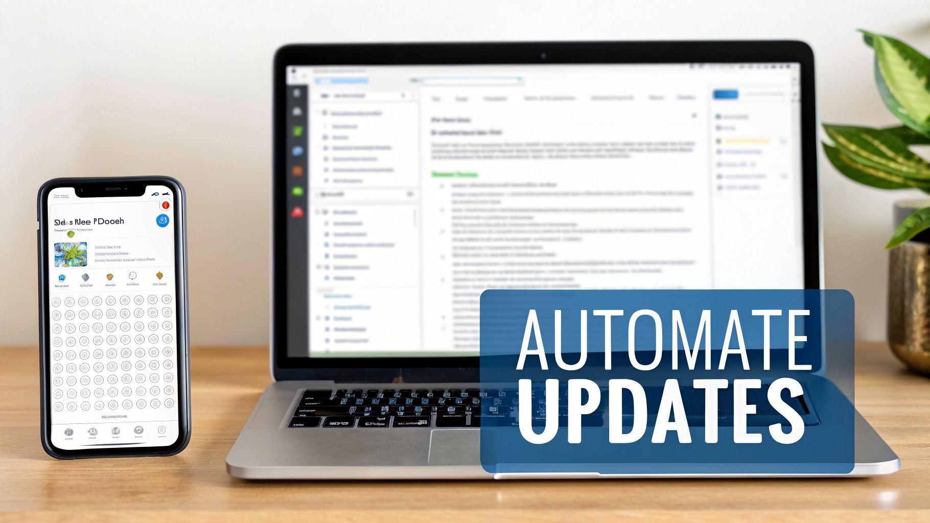 A smartphone showing an app and an open laptop on a desk, with text 'AUTOMATE UPDATES' overlaid.