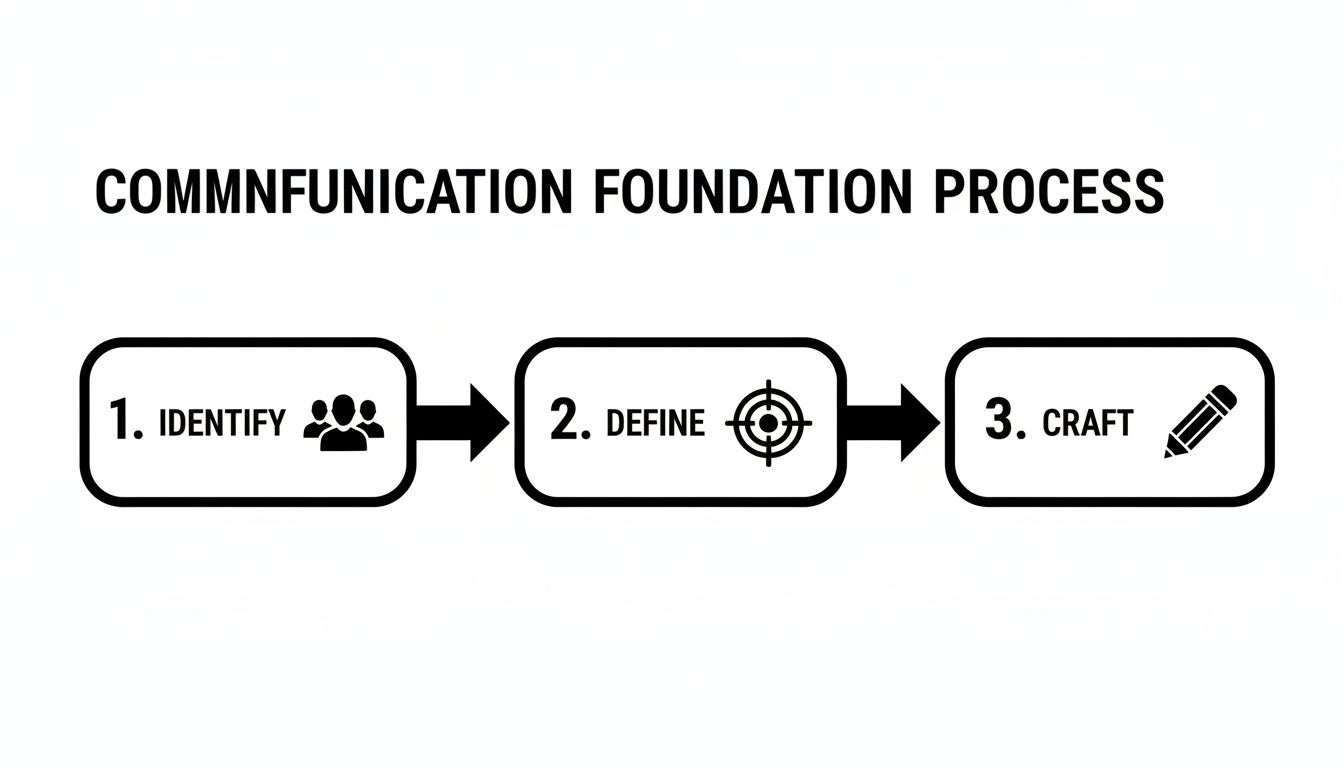 A clear three-step communication foundation process: 1. Identify, 2. Define, and 3. Craft messages.
