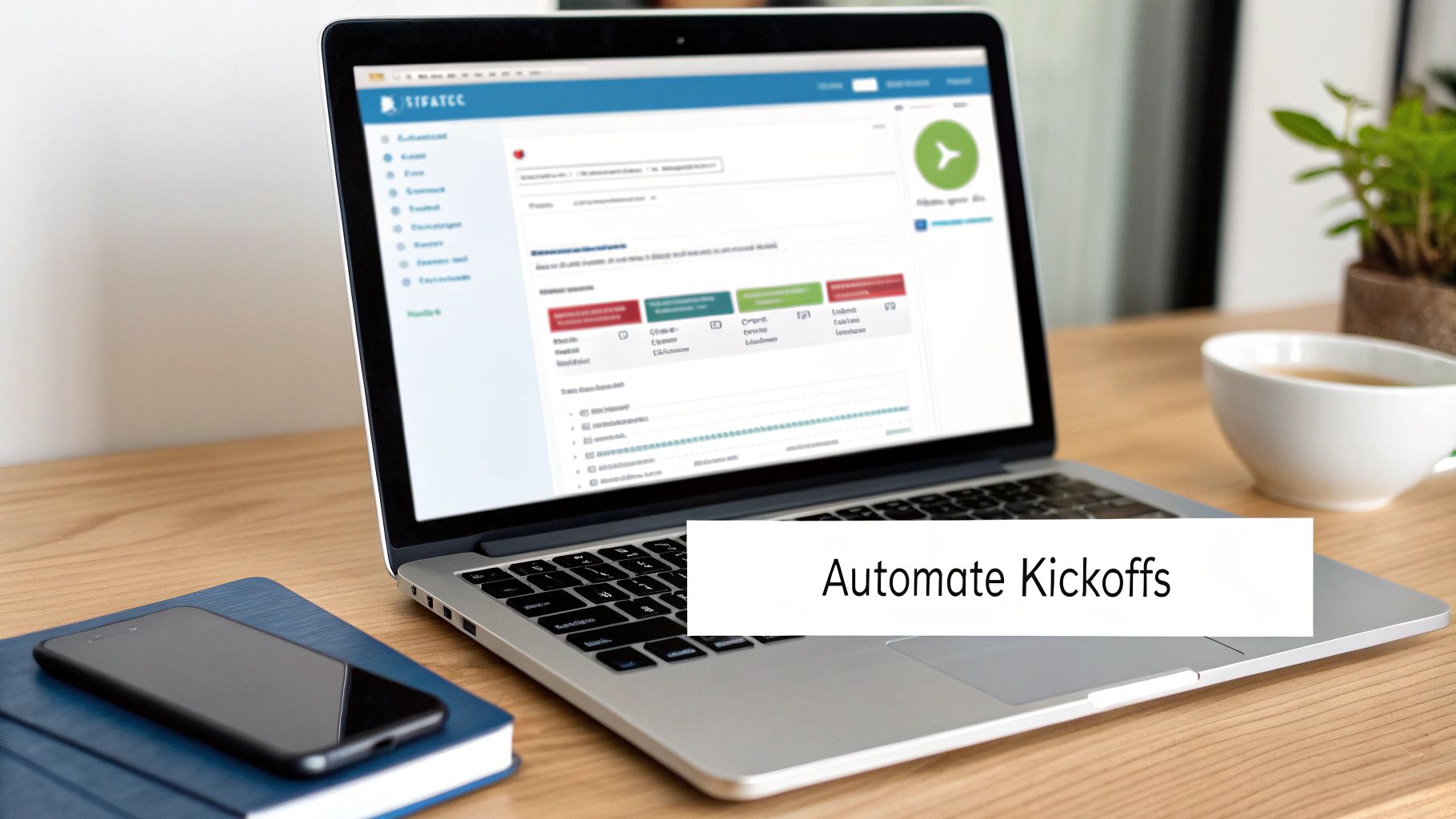 A laptop displaying project management software, a smartphone, and coffee on a wooden desk, with text 'Automate Kickoffs'.
