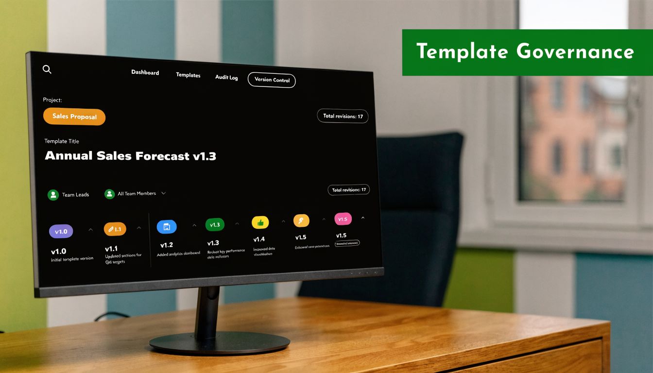 A computer monitor displaying a project management dashboard for tracking version control of sales proposal documents.