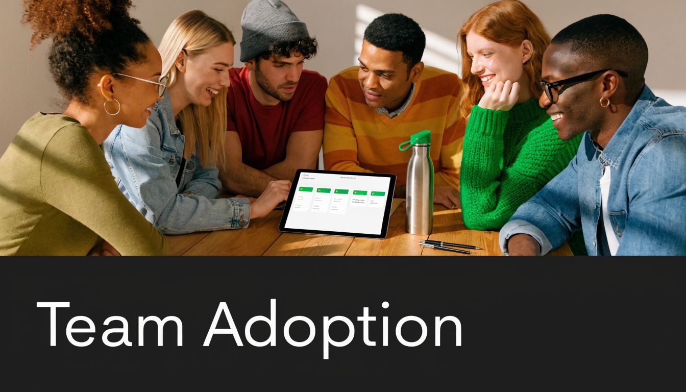 A diverse group of professionals collaborating around a tablet showing project management templates in a bright office.