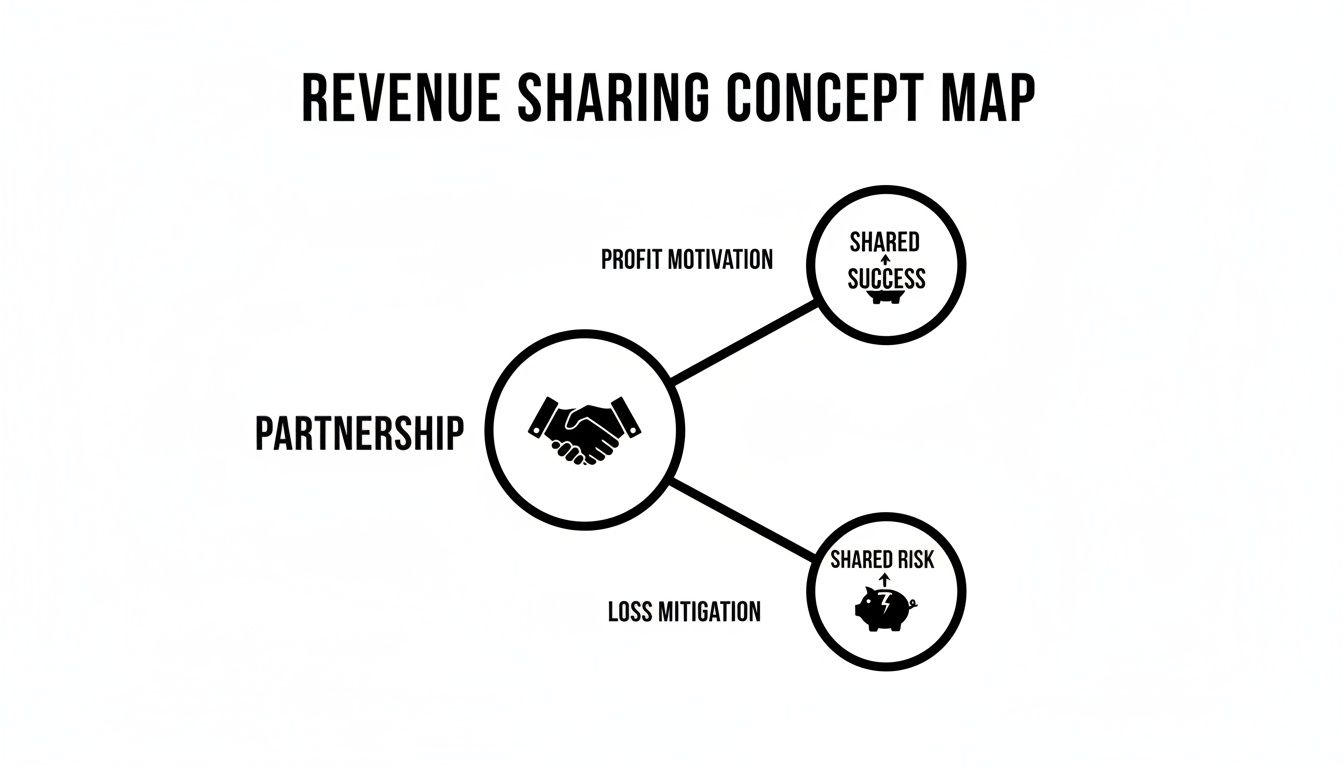 A revenue sharing concept map illustrating partnership, profit motivation leading to shared success, and loss mitigation to shared risk.