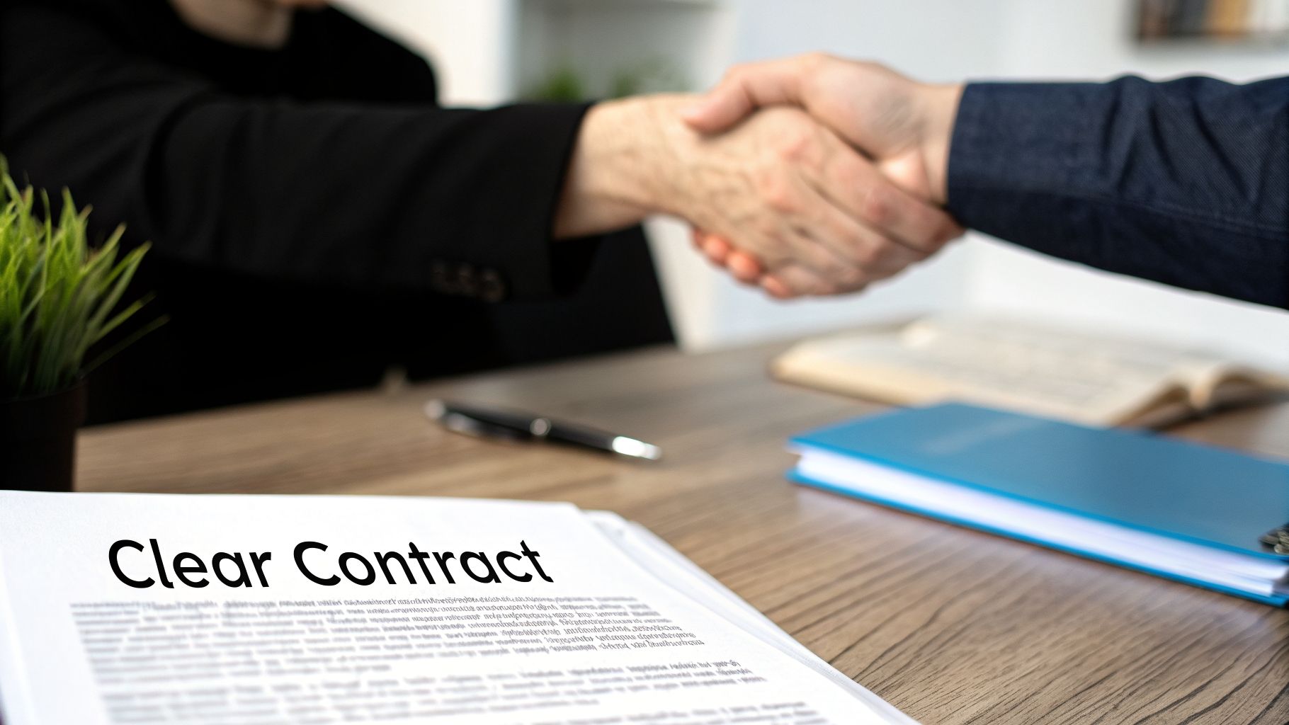 Two business people shaking hands over a desk with a 'Clear Contract' document, symbolizing a deal.
