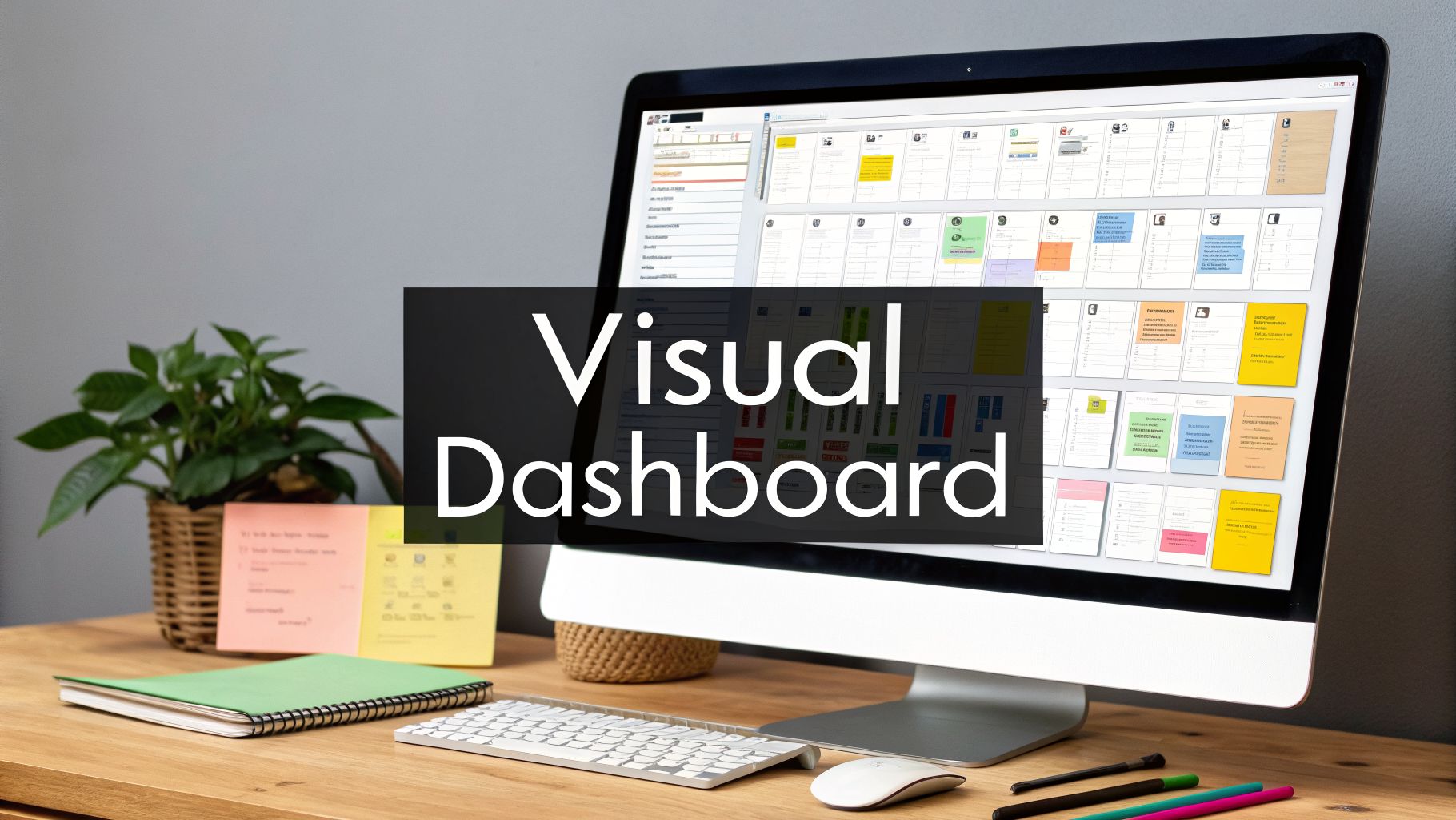 A modern desktop computer displays a visual project tracking dashboard, surrounded by office supplies on a wooden desk.