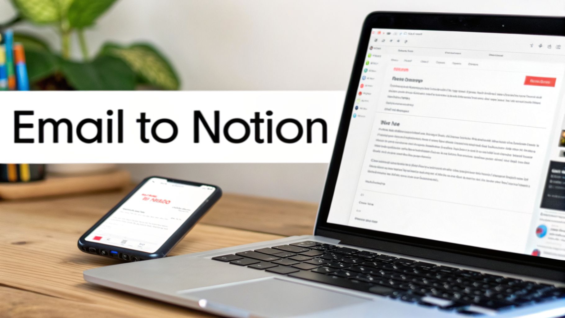 A laptop and smartphone on a wooden desk with 'Email to Notion' text, showing digital workflow.